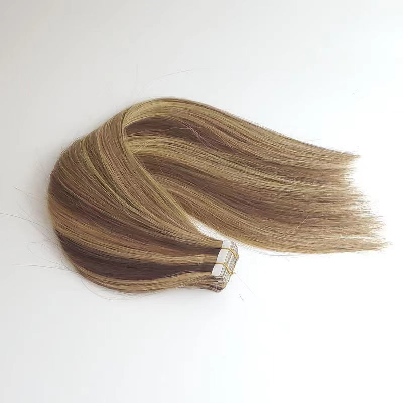 Dark Brown with Blonde Highlights #P4/27 Invisible Virgin Remy Tape in Hair Extensions