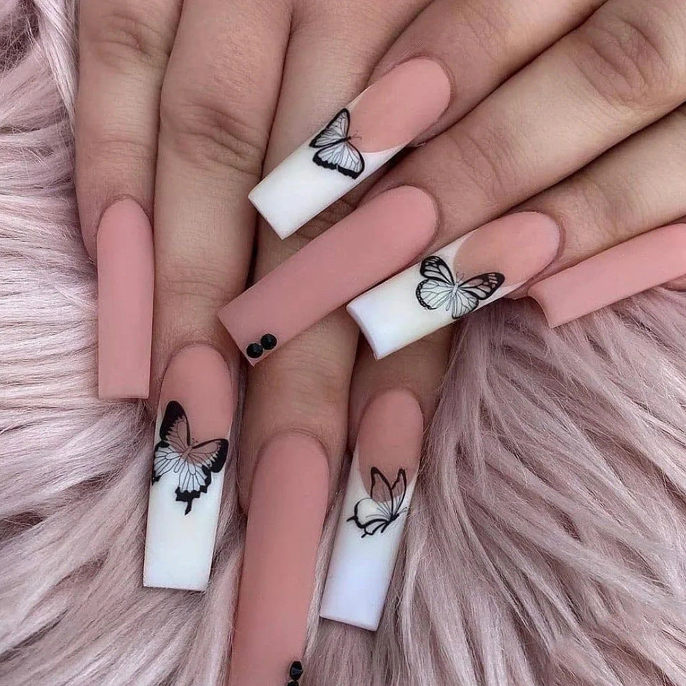 Pink Butterfly Press On Nails Coffin False Nails 24 PCS