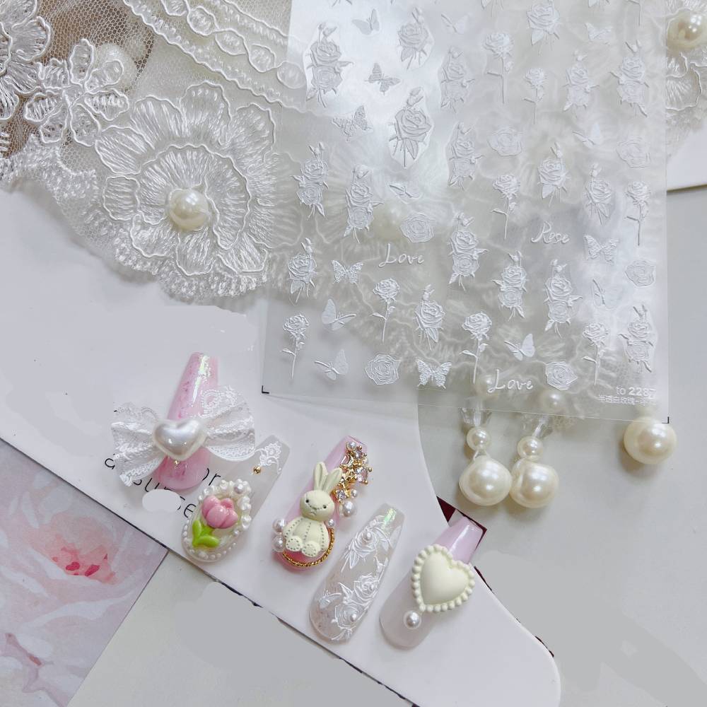 Butterfly & White Rose Flower 5D Nail Stickers for Wedding