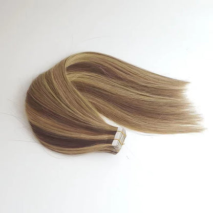 Dark Brown with Blonde Highlights #P4/27 Invisible Virgin Remy Tape in Hair Extensions